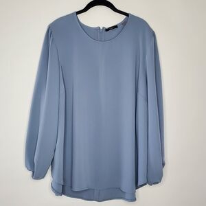 Tahari Woman Peasant Sleeve Top Size 2X Flowy Hi-low Hem Tunic Career Blue Shirt